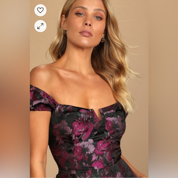 Lulus New Glam Black Floral Jacquard Bustier Off-the-Shoulder Jumpsuit Sz Large - Picture 2 of 14